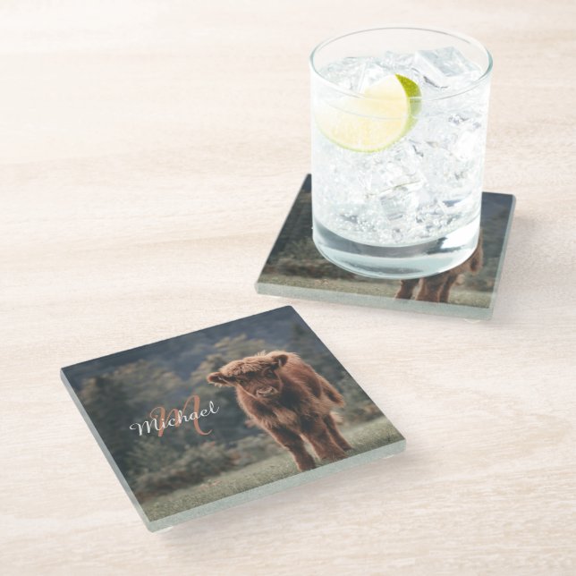 Highland cow calf autumn grass monogram initial glass coaster (Angled)