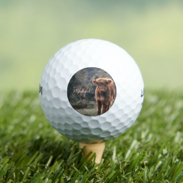 Highland cow calf autumn grass monogram initial golf balls (Insitu Tee)