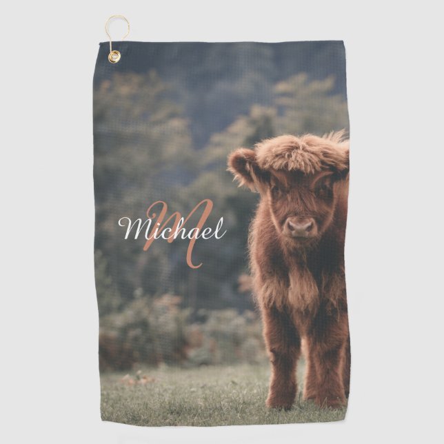 Highland cow calf autumn grass monogram initial golf towel (Front)