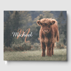 Highland cow calf autumn grass monogram initial guest book