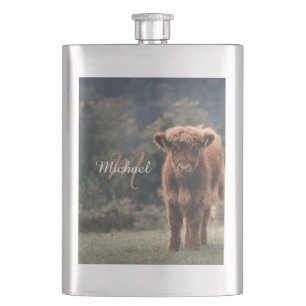 Highland cow calf autumn grass monogram initial hip flask