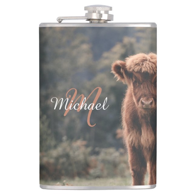 Highland cow calf autumn grass monogram initial hip flask (Front)