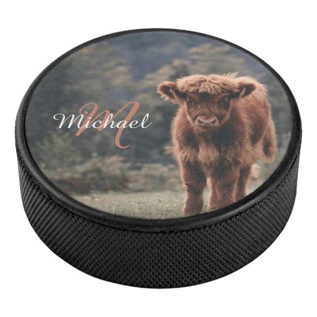 Highland cow calf autumn grass monogram initial hockey puck (3/4)