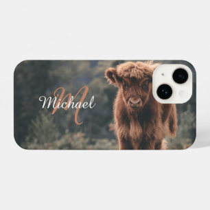 Highland cow calf autumn grass monogram initial iPhone 14 case