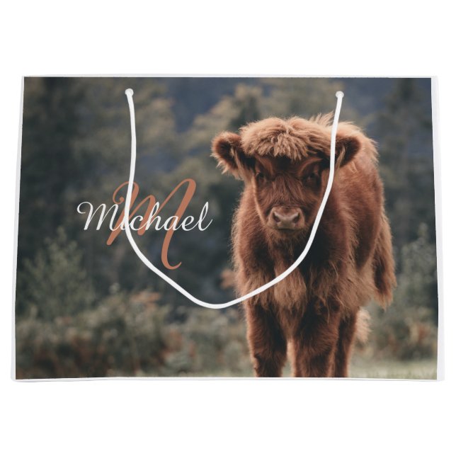 Highland cow calf autumn grass monogram initial large gift bag (Front)