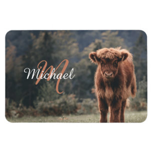 Highland cow calf autumn grass monogram initial magnet