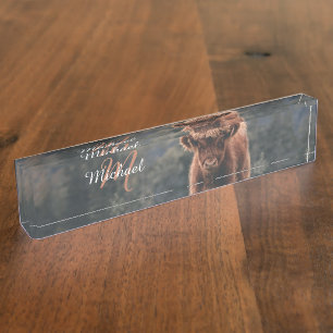 Highland cow calf autumn grass monogram initial nameplate