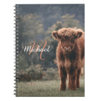 Highland cow calf autumn grass monogram initial