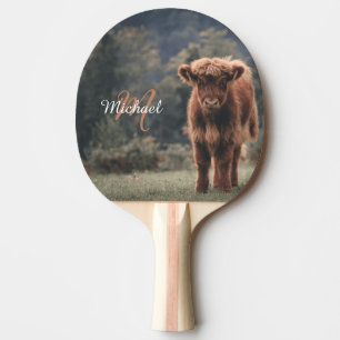 Highland cow calf autumn grass monogram initial ping pong paddle