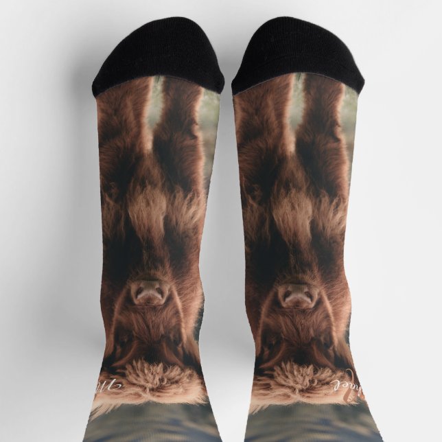 Highland cow calf autumn grass monogram initial socks (Top)