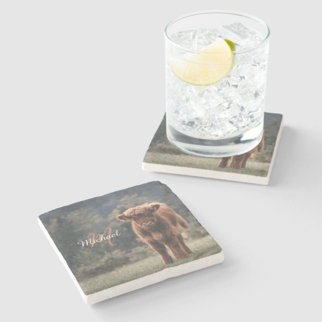 Highland cow calf autumn grass monogram initial stone coaster (Side)