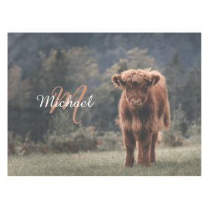 Highland cow calf autumn grass monogram initial tablecloth