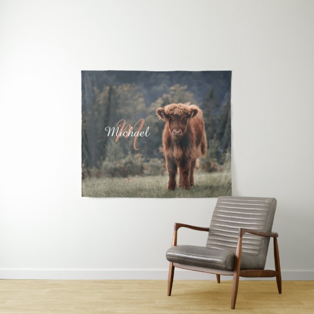 Highland cow calf autumn grass monogram initial tapestry (In Situ (Horizontal))