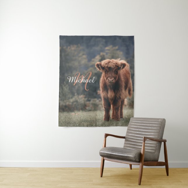 Highland cow calf autumn grass monogram initial tapestry (In Situ)