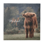 Highland cow calf autumn grass monogram initial tile<br><div class="desc">Highland cow calf autumn grass field photograph. Stunning young calf of highland scottish cattle on an autumn grassy field with muted colours. Beautiful dark hairy orange coat contrasting with light yellow green grass and trees in bokeh in background. Custom personalizable monogram with your name and inital on the left.</div>