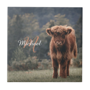 Highland cow calf autumn grass monogram initial tile