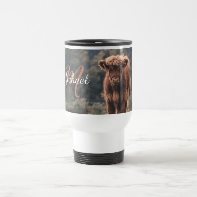 Highland cow calf autumn grass monogram initial travel mug (Center)
