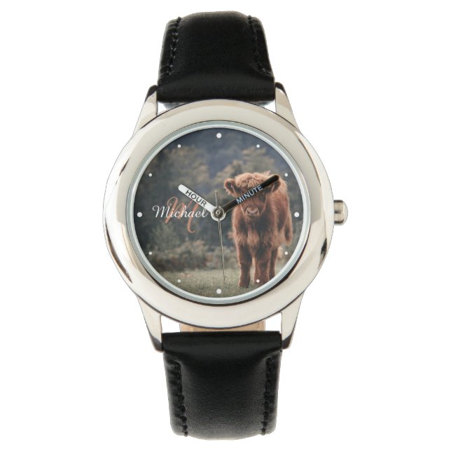 Highland cow calf autumn grass monogram initial watch (Front)