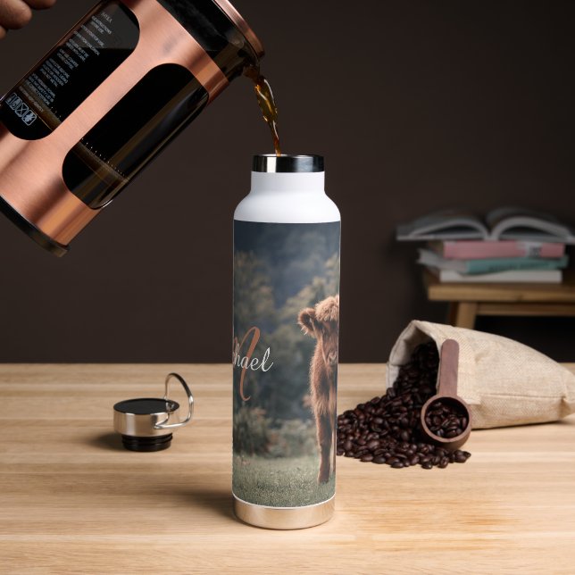 Highland cow calf autumn grass monogram initial water bottle (Coffee)