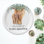 Highland Cow Calf Baby Shower Eucalyptus  Paper Plate<br><div class="desc">This design may be personalised in the area provided by changing the photo and/or text. Or it can be customised by clicking Personalise this Template and then choosing the click to customise further option and delete or change the colour of the background, add text, change the text colour or style,...</div>