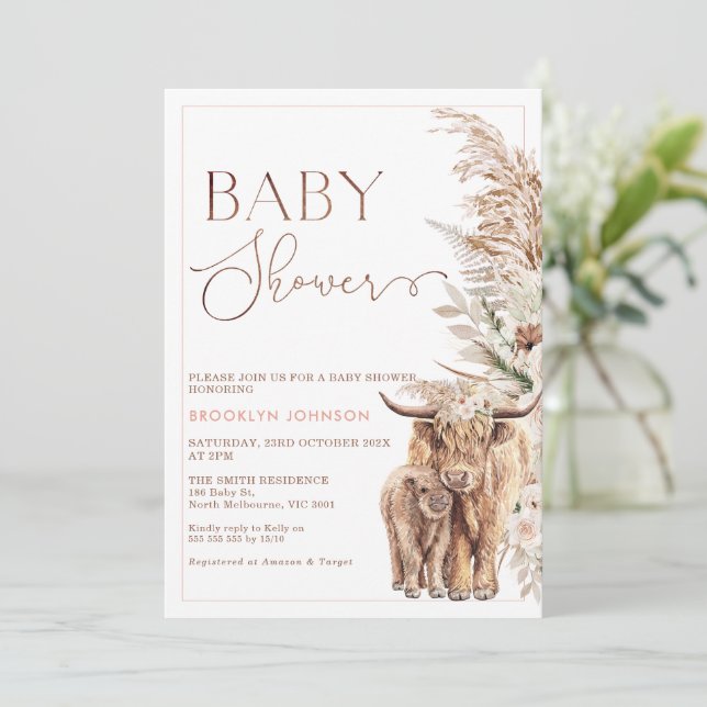 Highland Cow Calf Floral Frame Baby Shower Invitation (Standing Front)