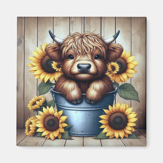 Highland Cow Calf In Metal Bucket with Sunflowers Magnet (Front)