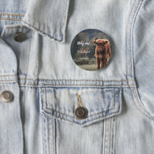 Highland cow calf monogram first birthday party 6 cm round badge