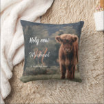 Highland cow calf monogram first birthday party cushion<br><div class="desc">Highland cow calf monogram first birthday party. Stunning young calf of highland scottish cattle on an autumn grassy field with muted colours. Beautiful dark hairy orange coat contrasting with light yellow green grass and trees in bokeh in background. Custom personalizable monogram with your name and initial on the left. Everything...</div>