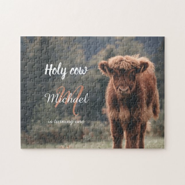 Highland cow calf monogram first birthday party jigsaw puzzle (Horizontal)
