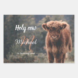 Highland cow calf monogram first birthday party wrapping paper sheet