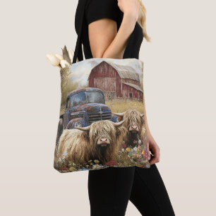 Highland Cow Calf  Vintage Truck Rustic Red Barn  Tote Bag