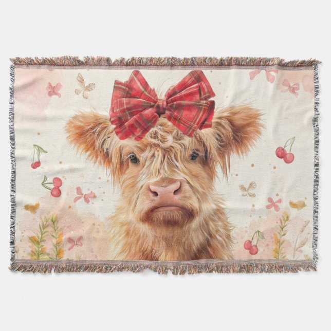 Highland Cow Calf with Bow Cherries Throw Blanket (Front)