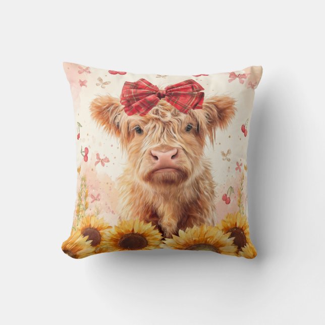 Highland Cow calf with Sunflower bow Cushion (Front)