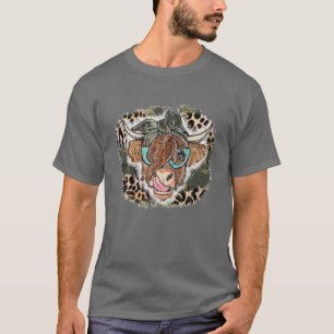 Highland Cow Camo Leopard Bandanna Cowgirl Cowhide T-Shirt