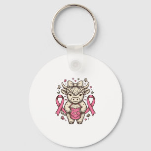 Highland Cow Cancer Awareness Ribbon Cute Calf Des Key Ring