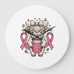 Highland Cow Cancer Awareness Ribbon Cute Calf Des Large Clock