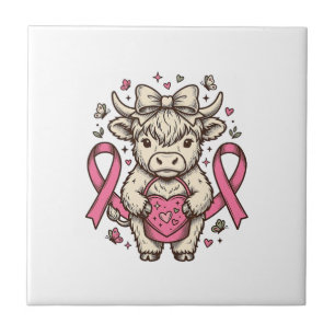 Highland Cow Cancer Awareness Ribbon Cute Calf Des Tile
