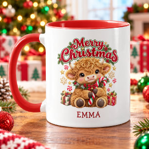 Highland Cow Candy Cane Christmas Kids Name Mug