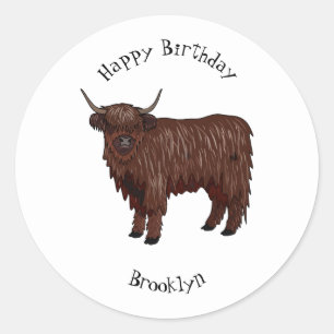 Highland cow cartoon illustration classic round sticker