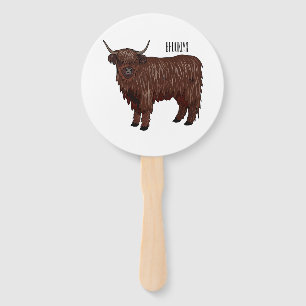 Highland cow cartoon illustration hand fan