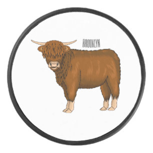 Highland cow cartoon illustration hockey puck