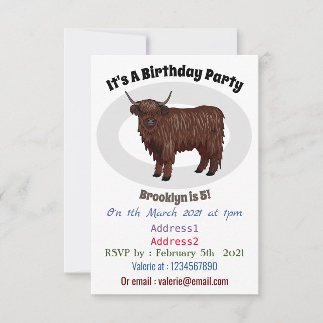 Highland cow cartoon illustration invitation (Front)