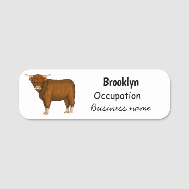 Highland cow cartoon illustration name tag (Front)