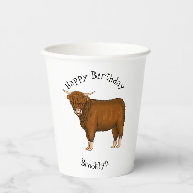 Highland cow cartoon illustration  paper cups (Front)