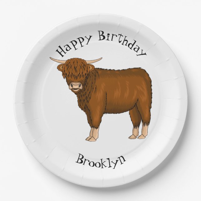 Highland cow cartoon illustration paper plate (Front)