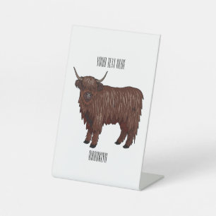 Highland cow cartoon illustration  pedestal sign