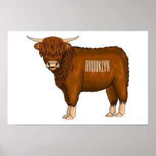 Highland cow cartoon illustration poster