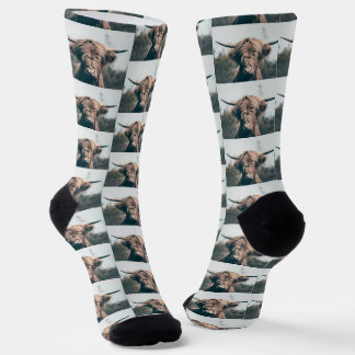 Highland cow cattle portrait rustic pattern socks