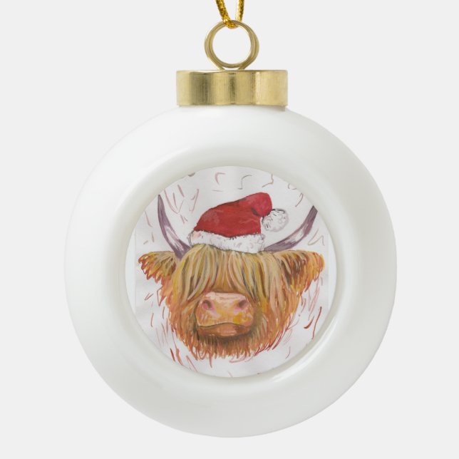 highland cow christmas bauble hat ceramic ball christmas ornament (Front)