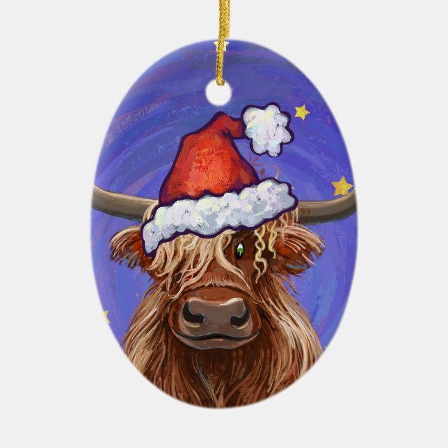 Highland Cow Christmas Ceramic Tree Decoration (Front)